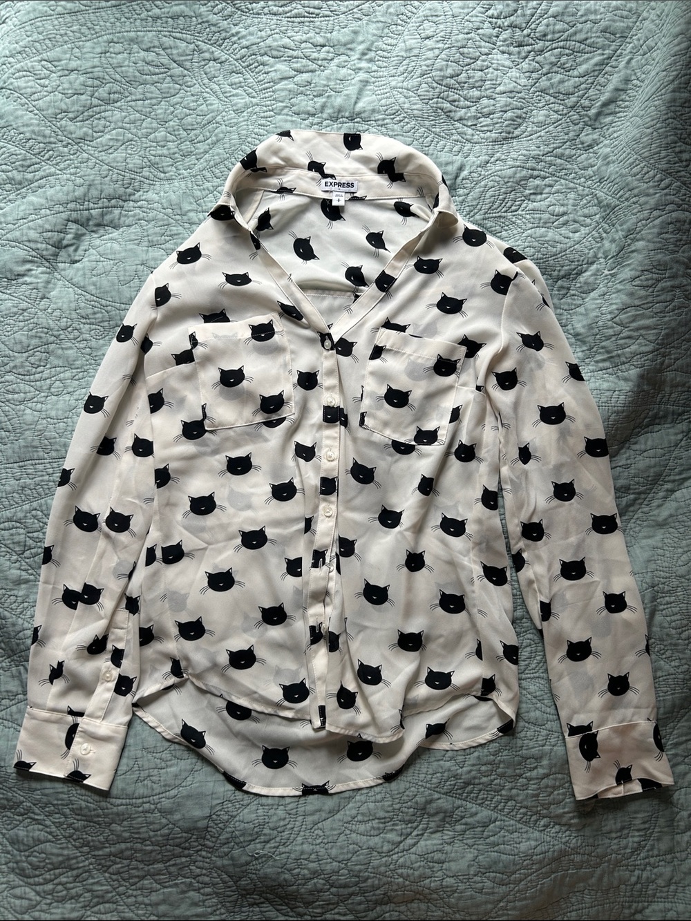 Express Cream Blouse with Black Cat Silhouette Print S